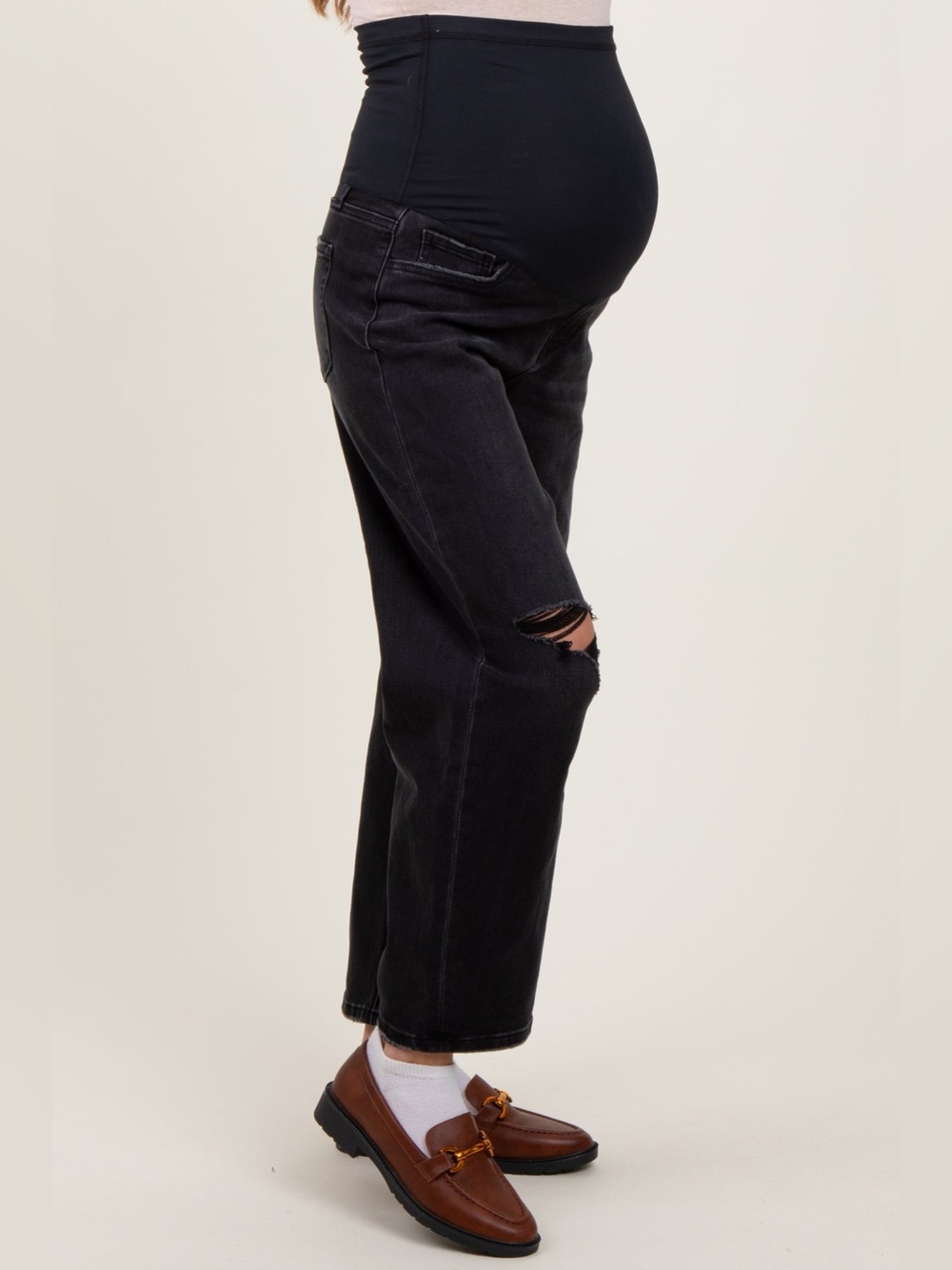 PINKBLUSH Black Distressed Open Knee Cropped Maternity Barrel Jeans Size 27